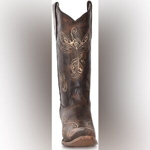 NWT Distressed Brown and Bone Dragonfly Embroidery Snip Cowgirl Boot-L5001
